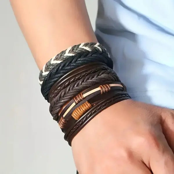 20Pcs Braided Leather Bracelets – Handmade Wrap Wood Beads Cuff Wristbands for Men & Women Ethnic Tribal Style