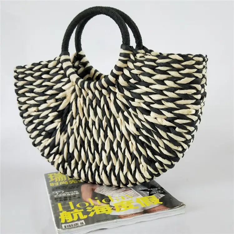 Wicker Handbag - Straw Half-Round Casual Travel Tote for Women