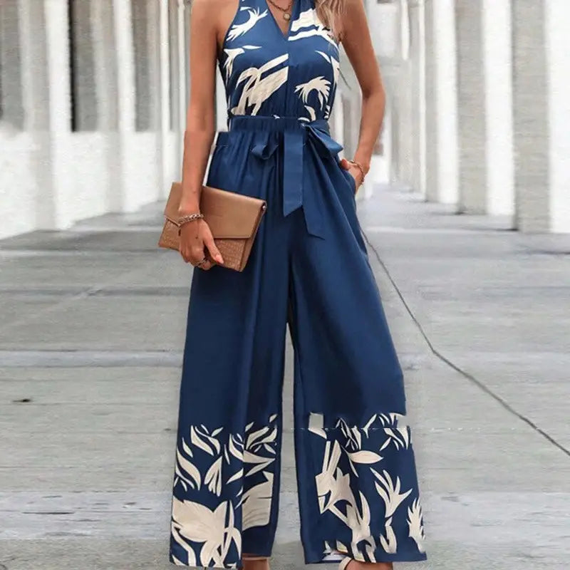 Printing Series Belt Halter Backless Jumpsuit For Women