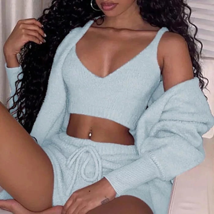 3-Piece Women’s Clothing Set with Long Sleeve Crop and Drawstring Shorts Pajama