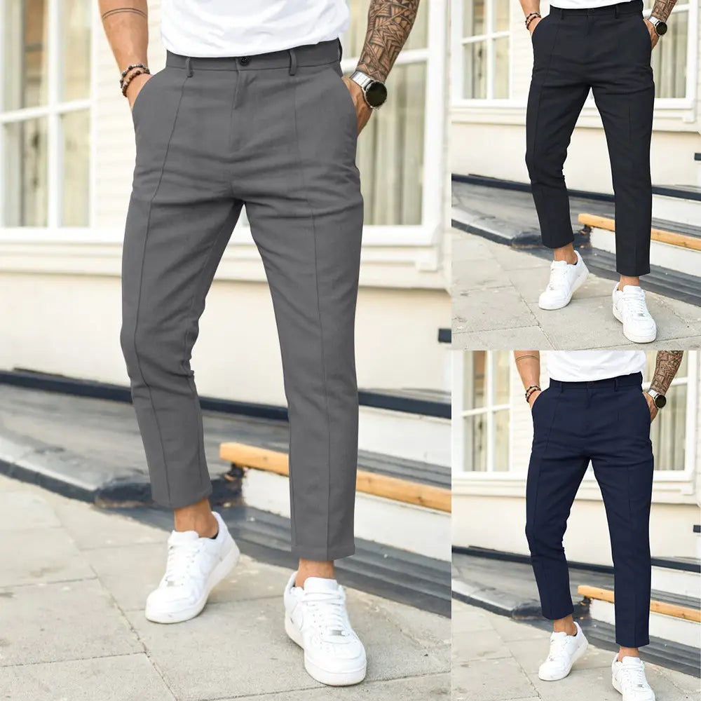 Men’s Double Fold Line Solid Color Casual Suit Pants