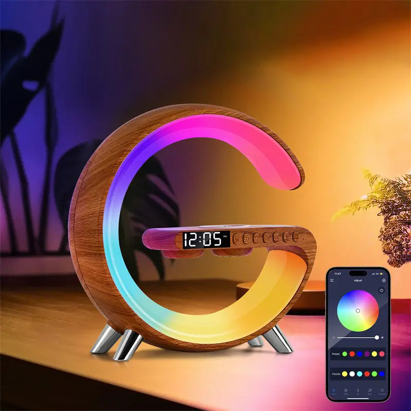 G-Shaped LED Lamp: Bluetooth Speaker & Wireless Charger