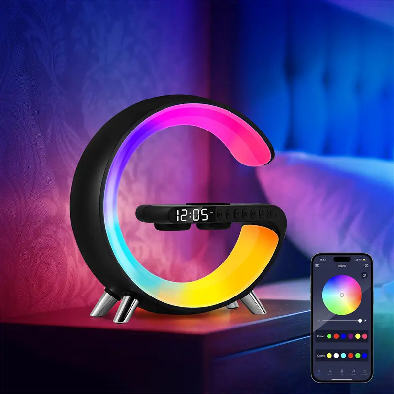 G-Shaped LED Lamp: Bluetooth Speaker & Wireless Charger