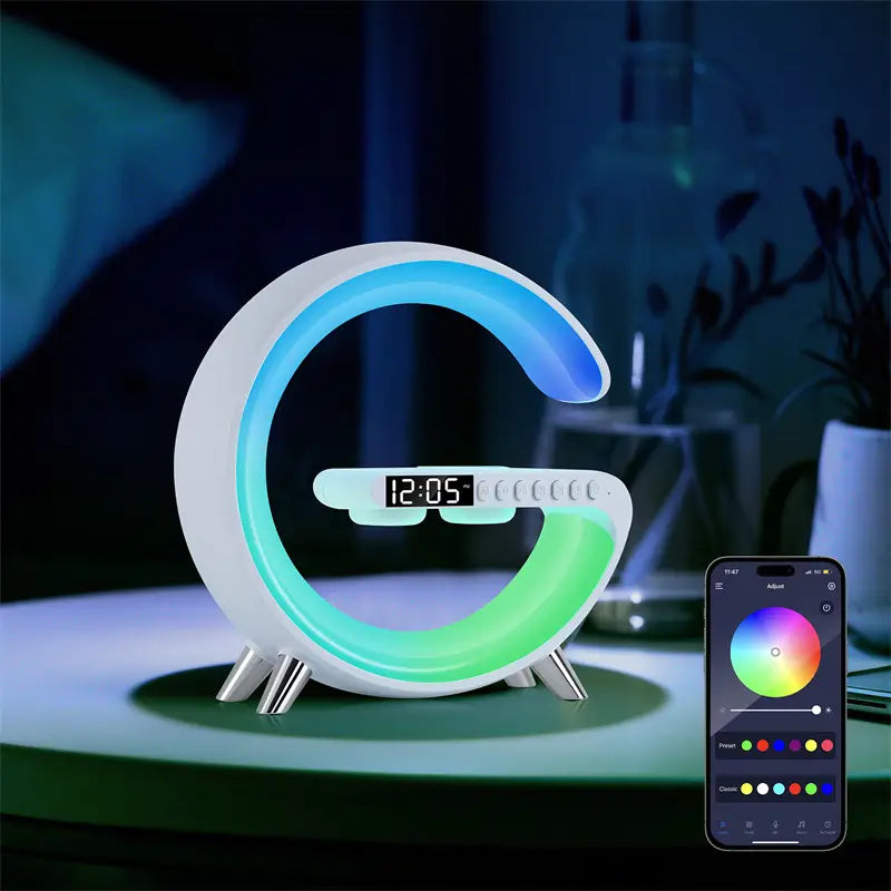 G-Shaped LED Lamp: Bluetooth Speaker & Wireless Charger