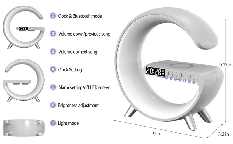 G-Shaped LED Lamp: Bluetooth Speaker & Wireless Charger