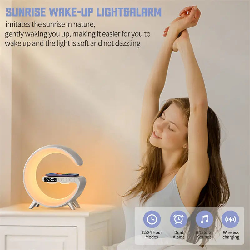 G-Shaped LED Lamp: Bluetooth Speaker & Wireless Charger