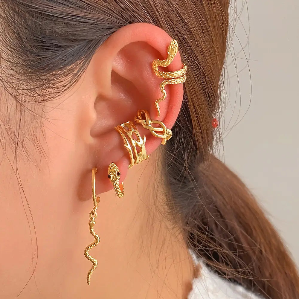 Punk Gold-Plated Snake Ear Clip Earrings: No-Piercing Ear Cuffs for Women