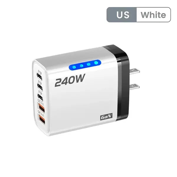 240W GaN USB C Charger 5 in 1 Fast Charging Phone Charger Power Adapter For iPhone Samsung Xiaomi Type C EU/US Plug
