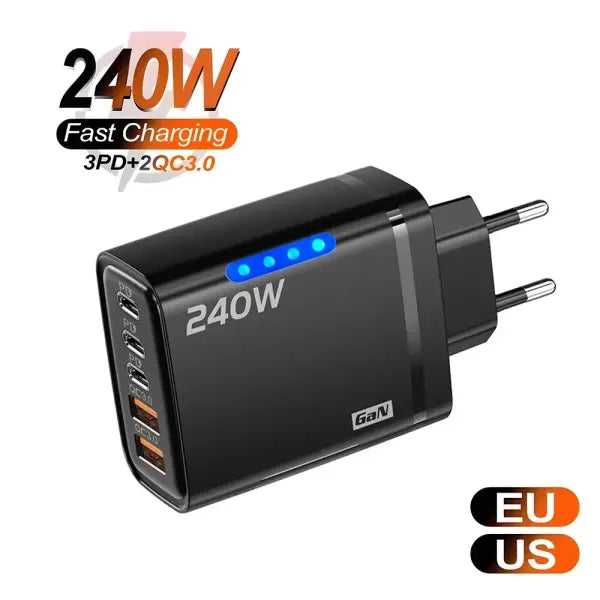 240W GaN USB C Charger 5 in 1 Fast Charging Phone Charger Power Adapter For iPhone Samsung Xiaomi Type C EU/US Plug