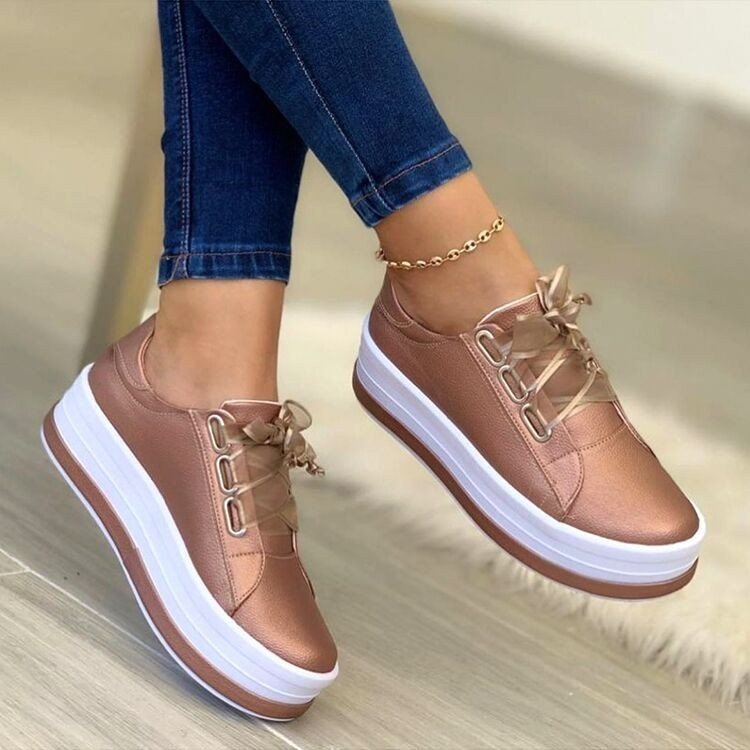 Fashion Flats Sneakers Women Ribbon Lace-up Platform Shoes - Rose gold / Size35