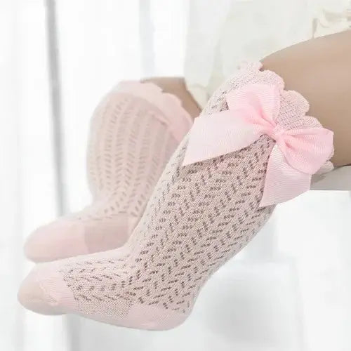 Baby Girl Knee-High Mesh Lace Socks 0–24M – Toddler Bow Cotton Summer Princess Socks - light pink / to12month(S)