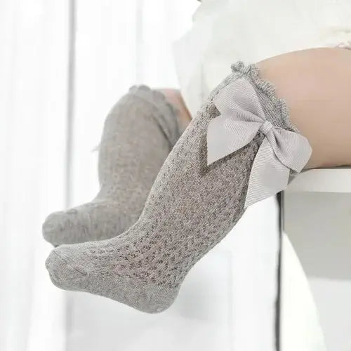 Baby Girl Knee-High Mesh Lace Socks 0–24M – Toddler Bow Cotton Summer Princess Socks - gray / 12 to24month(M)