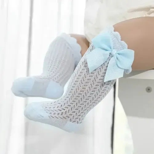 Baby Girl Knee-High Mesh Lace Socks 0–24M – Toddler Bow Cotton Summer Princess Socks - Light blue / 12 to24month(M)