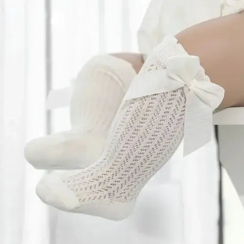 Baby Girl Knee-High Mesh Lace Socks 0–24M – Toddler Bow Cotton Summer Princess Socks - beige / 12 to24month(M)