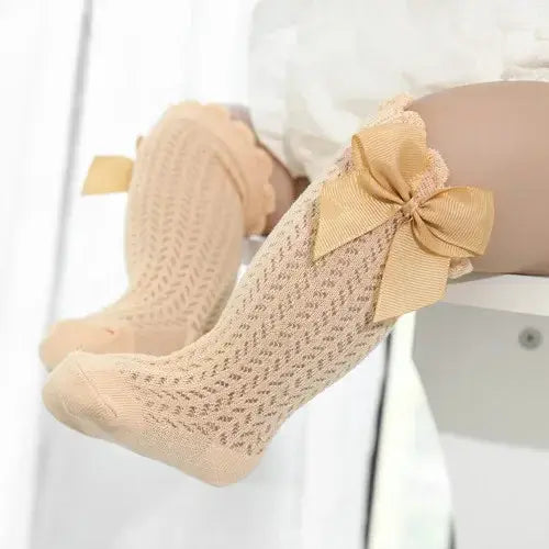 Baby Girl Knee-High Mesh Lace Socks 0–24M – Toddler Bow Cotton Summer Princess Socks - Light yellow / to12month(S)