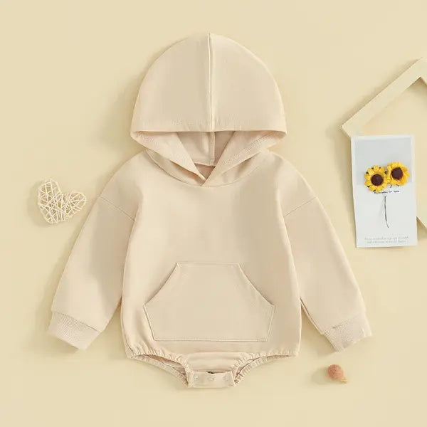 Baby Hooded Romper – Long Sleeve Solid Bodysuit with Front Pocket (0–24 Months) Spring & Autumn Playsuit - Beige / 12M