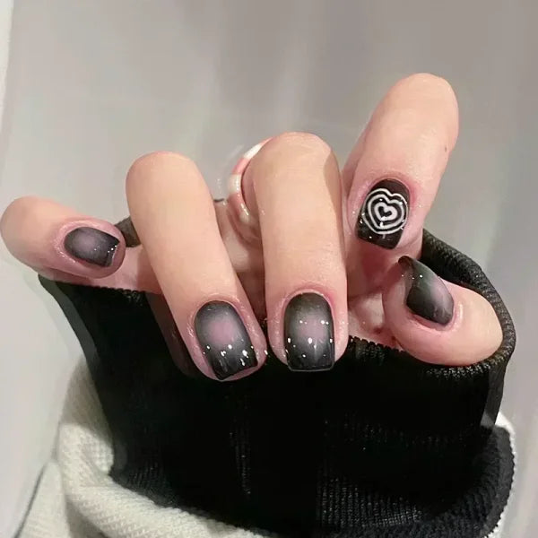 24pcs Black Short Ballet False Nails with Stylish French Heart Tips - Himpall