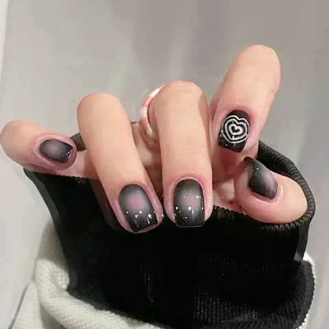 24pcs Black Short Ballet False Nails with Stylish French Heart Tips - Himpall