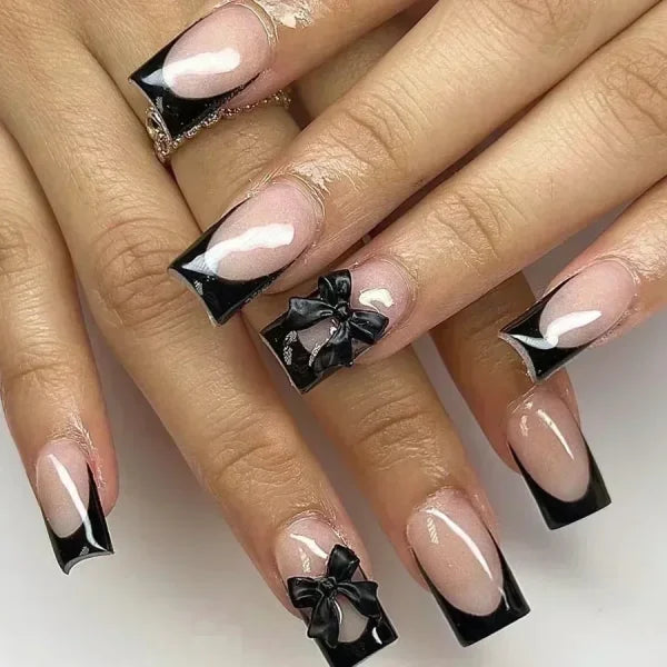 24pcs Black Short Ballet False Nails with Stylish French Heart Tips - Himpall