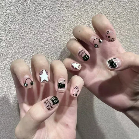 24pcs Black Short Ballet False Nails with Stylish French Heart Tips - Himpall