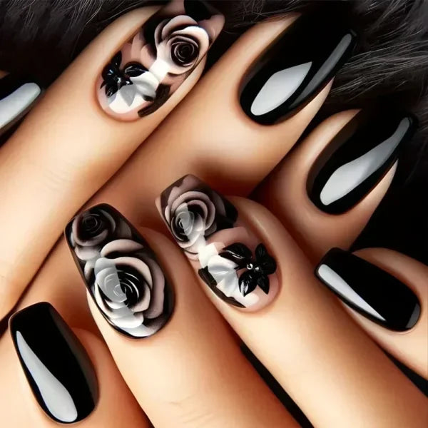 24pcs Black Short Ballet False Nails with Stylish French Heart Tips - Himpall