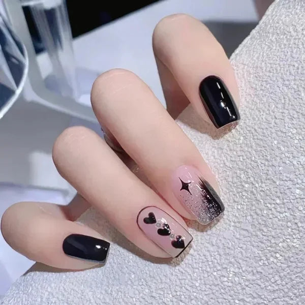 24pcs Black Short Ballet False Nails with Stylish French Heart Tips - Himpall