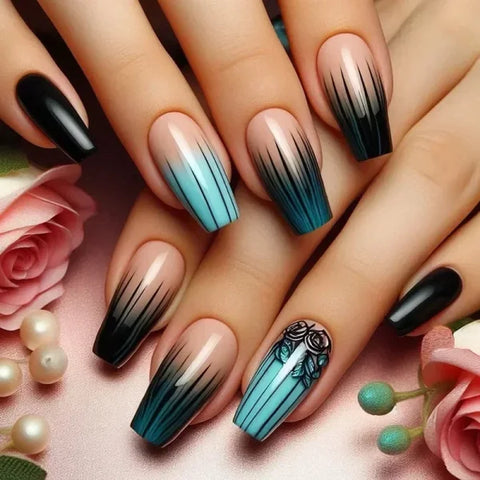 24pcs Black Short Ballet False Nails with Stylish French Heart Tips - Himpall