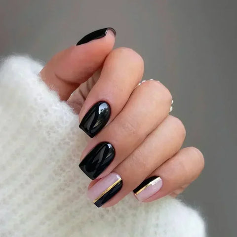 24pcs Black Short Ballet False Nails with Stylish French Heart Tips - Himpall