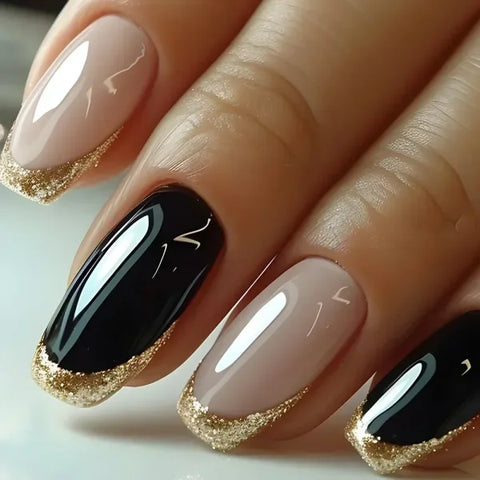24pcs Black Short Ballet False Nails with Stylish French Heart Tips - Himpall