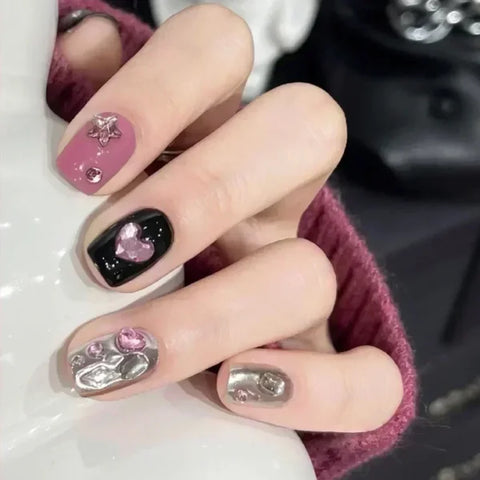 24pcs Black Short Ballet False Nails with Stylish French Heart Tips - Himpall