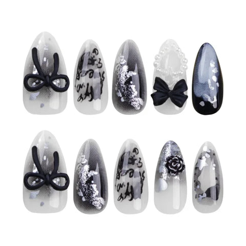 24Pcs Elegant Black Almond Press-On Nails – Pearl Heart & Bow Accents
