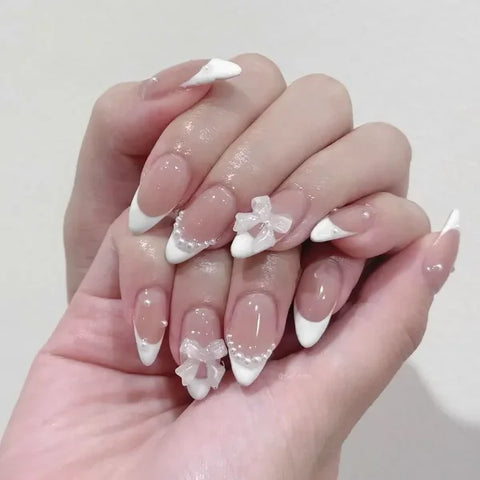 24Pcs Elegant Black Almond Press-On Nails – Pearl Heart & Bow Accents - A612