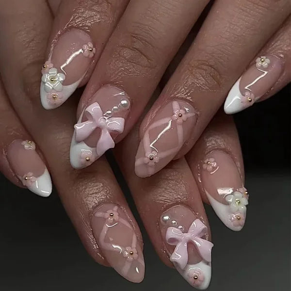 24Pcs Elegant Black Almond Press-On Nails – Pearl Heart & Bow Accents - A613