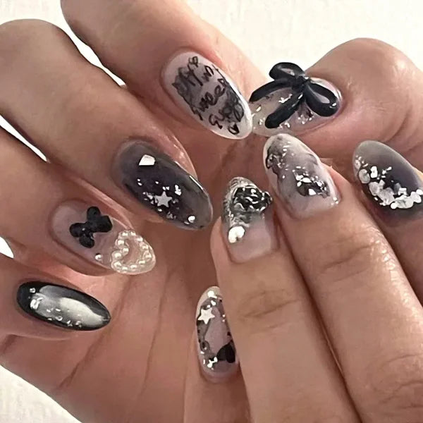 24Pcs Elegant Black Almond Press-On Nails – Pearl Heart & Bow Accents - A645