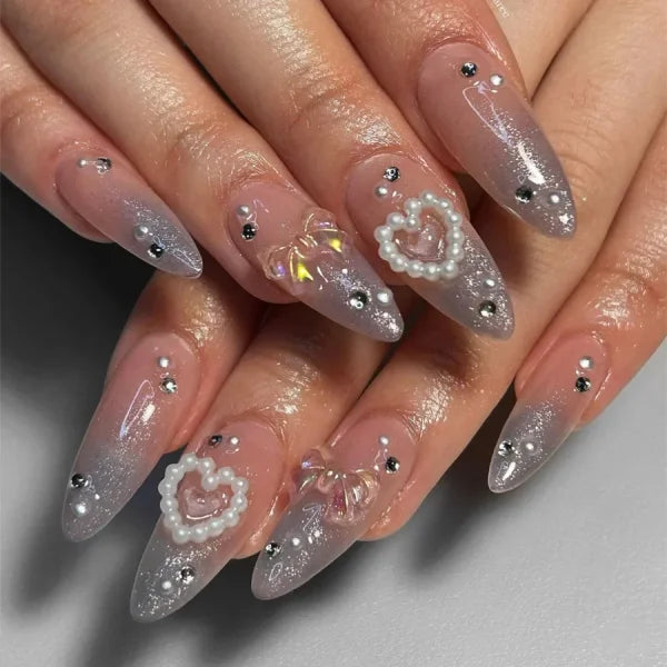 24Pcs Elegant Black Almond Press-On Nails – Pearl Heart & Bow Accents - A835