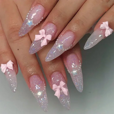 24Pcs Elegant Black Almond Press-On Nails – Pearl Heart & Bow Accents - A847