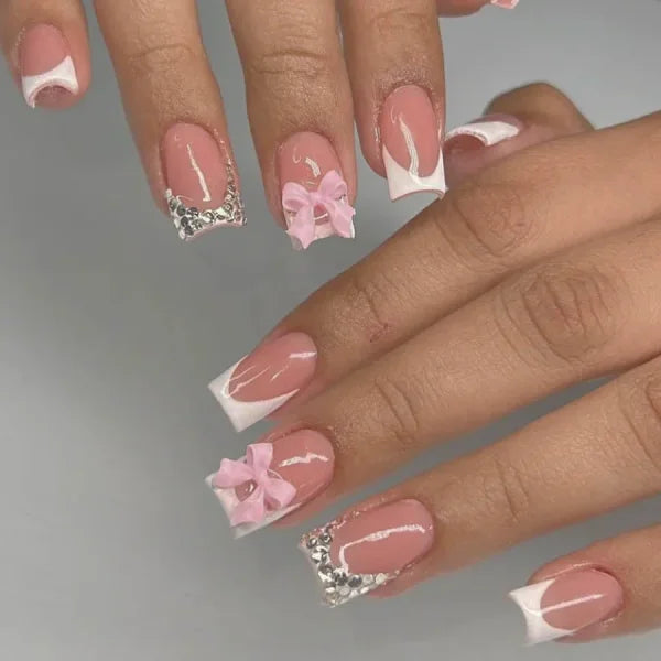 24Pcs Elegant Black Almond Press-On Nails – Pearl Heart & Bow Accents - AA236