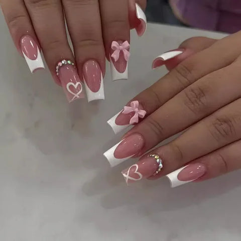 24Pcs Elegant Black Almond Press-On Nails – Pearl Heart & Bow Accents - AA237