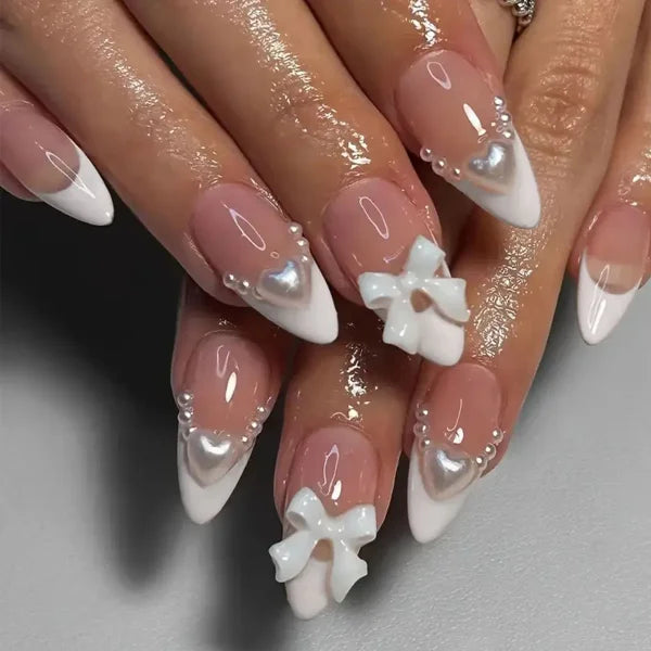 24Pcs Elegant Black Almond Press-On Nails – Pearl Heart & Bow Accents - AA476
