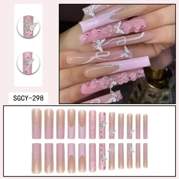 24Pcs Long Square Press On Nails – Love Pattern & Brown French Design - 1