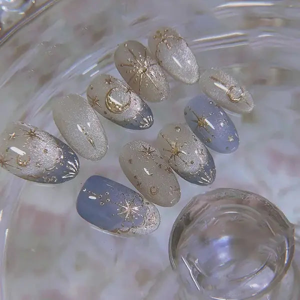 24PCS Y2K Star Press-On Nails – Gradient Blue French Tips with Gold Moon Design Sweet Almond False Nails - Y2