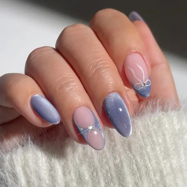 24PCS Y2K Star Press-On Nails – Gradient Blue French Tips with Gold Moon Design Sweet Almond False Nails for Women - Y21