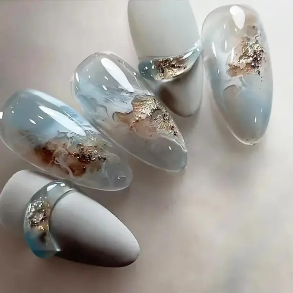 24PCS Y2K Star Press-On Nails – Gradient Blue French Tips with Gold Moon Design Sweet Almond False Nails for Women - Y5