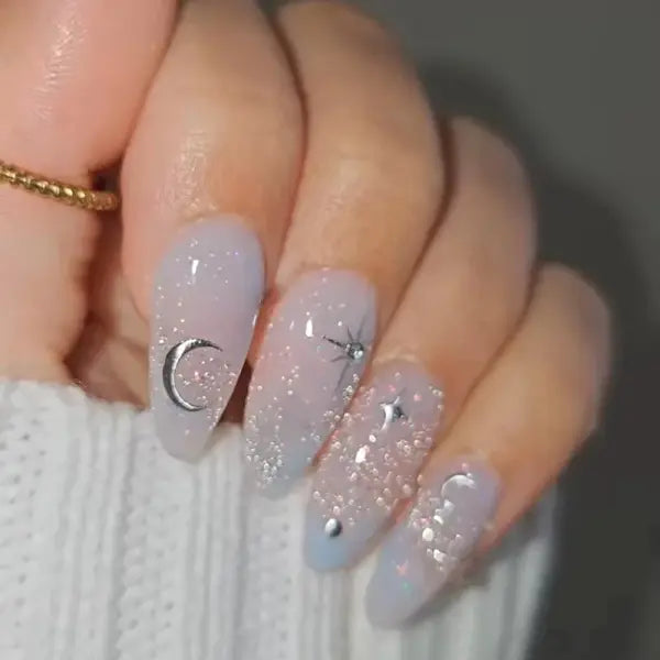 24PCS Y2K Star Press-On Nails – Gradient Blue French Tips with Gold Moon Design Sweet Almond False Nails for Women - Y12