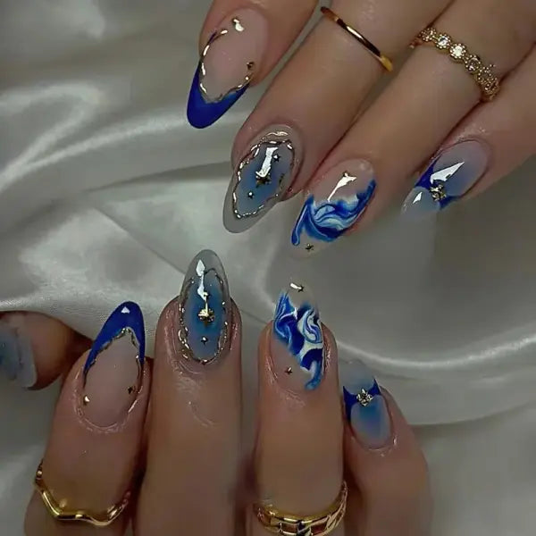 24PCS Y2K Star Press-On Nails – Gradient Blue French Tips with Gold Moon Design Sweet Almond False Nails for Women - Y31
