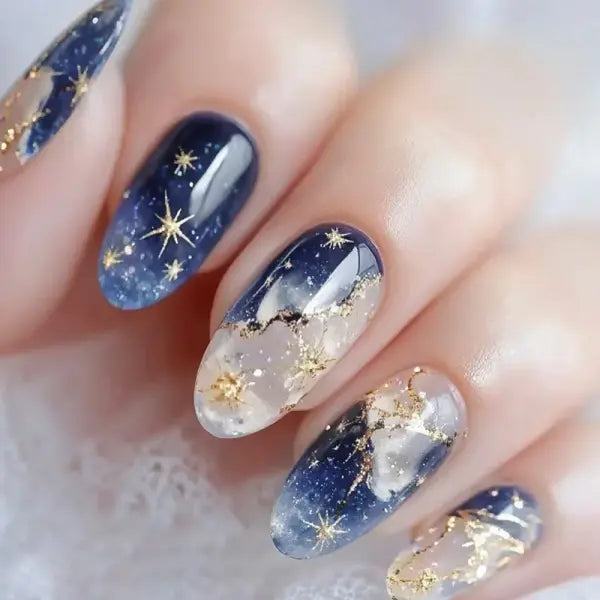 24PCS Y2K Star Press-On Nails – Gradient Blue French Tips with Gold Moon Design Sweet Almond False Nails for Women - Y29