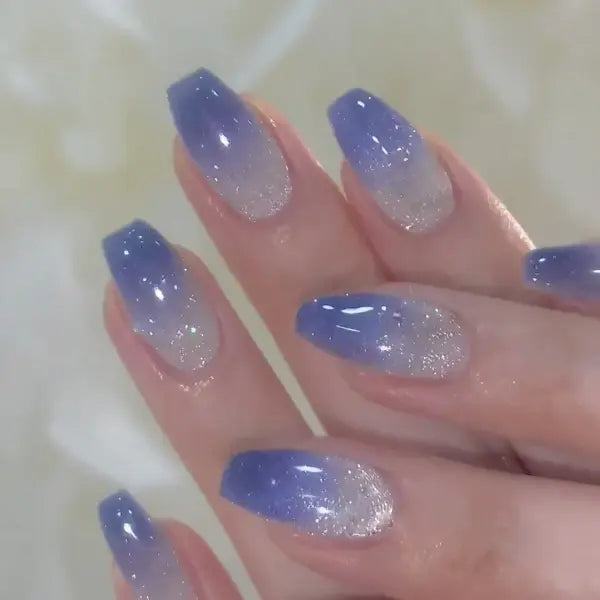 24PCS Y2K Star Press-On Nails – Gradient Blue French Tips with Gold Moon Design Sweet Almond False Nails for Women - Y23