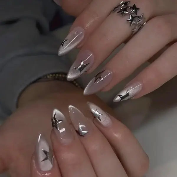 24PCS Y2K Star Press-On Nails – Gradient Blue French Tips with Gold Moon Design Sweet Almond False Nails for Women - Y15