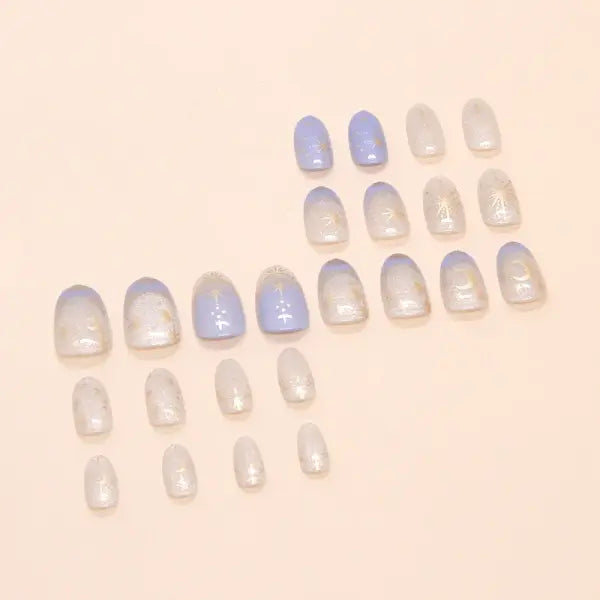 24PCS Y2K Star Press-On Nails – Gradient Blue French Tips with Gold Moon Design Sweet Almond False Nails for Women