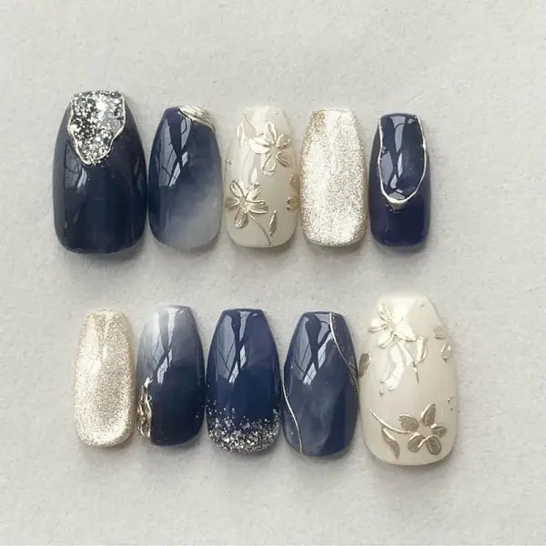 24PCS Y2K Star Press-On Nails – Gradient Blue French Tips with Gold Moon Design Sweet Almond False Nails for Women - Y16